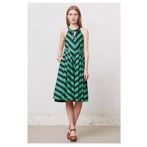 Girls From Savoy Anthropologie | Retro Fit & Flare Emerald Ripple Midi Dress | 6